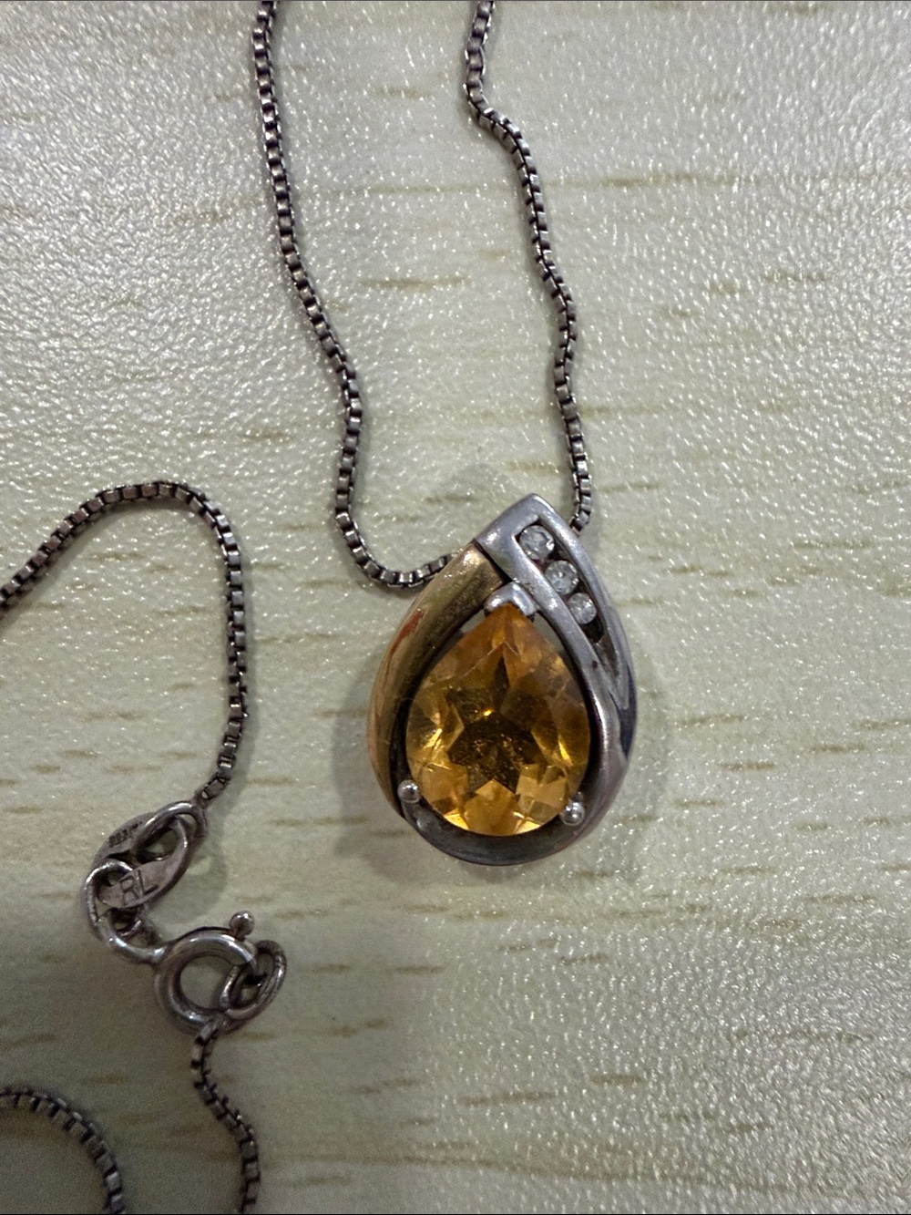 Sterling Silver Teardrop Citrine Pendant Necklace - Gold Amber Stone - Picture 2 of 6